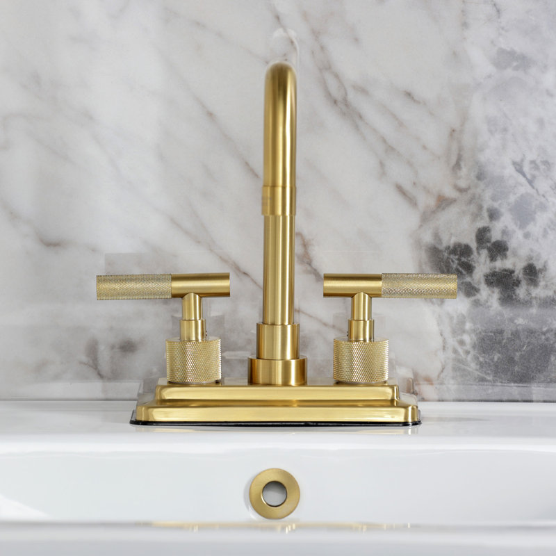 Robinet de salle de bain central à 4 trous à fixation sur comptoir à 3 trous avec poignée moletée et bonde escamotable en laiton Kingston
