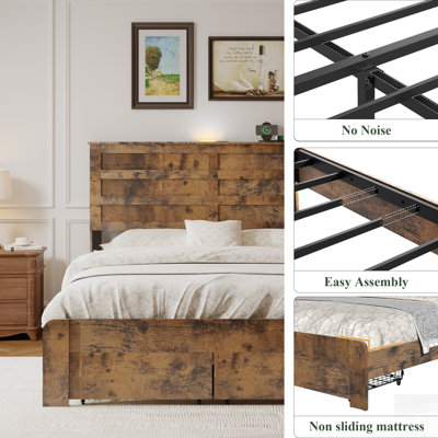 Structure de lit avec tiroirs de rangement, ports USB et station de charge en bois pour la tête de lit