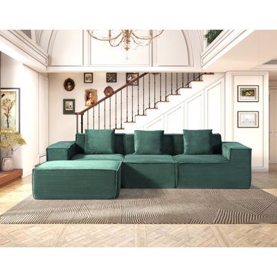 Canapé en L 86 po avec organiseur d'accoudoirs, canapés 3 places avec repose-pieds mobile, canapé modulaire confortable avec coussin épais, canapé modulaire en lin pour salon, chambre à coucher, appartement, vert foncé