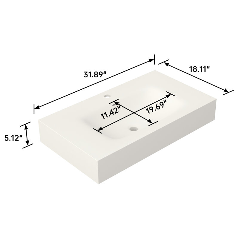 Vasque de salle de bain en résine de pierre à surface solide - Blanc mat, hauteur 12,8 cm, largeur 45,2 cm, profondeur 81 cm, poids 15,2 kg. Durabilité exceptionnelle, entretien facile, installation adaptable. Évacuation optimale des eaux.