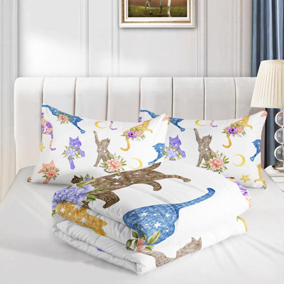 Cute Cat Floral Watercolor Comforter Set, Celestial Cat Bedding Set with 2 Pillow Cases, Soft and Machine Washable Bedding, All Seasons Comforter for Room Decor
