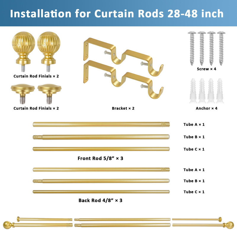 Tringles à rideaux réglables à épissage double avec volutes, 28" - 48", Doré
