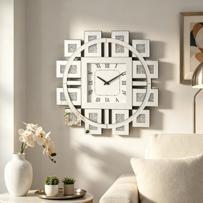 Horloge murale argentée miroir avec incrustation de fausses pierres précieuses, horloge murale analogique décorative moderne, horloge à quartz à chiffres romains pour la décoration du salon et de la maison