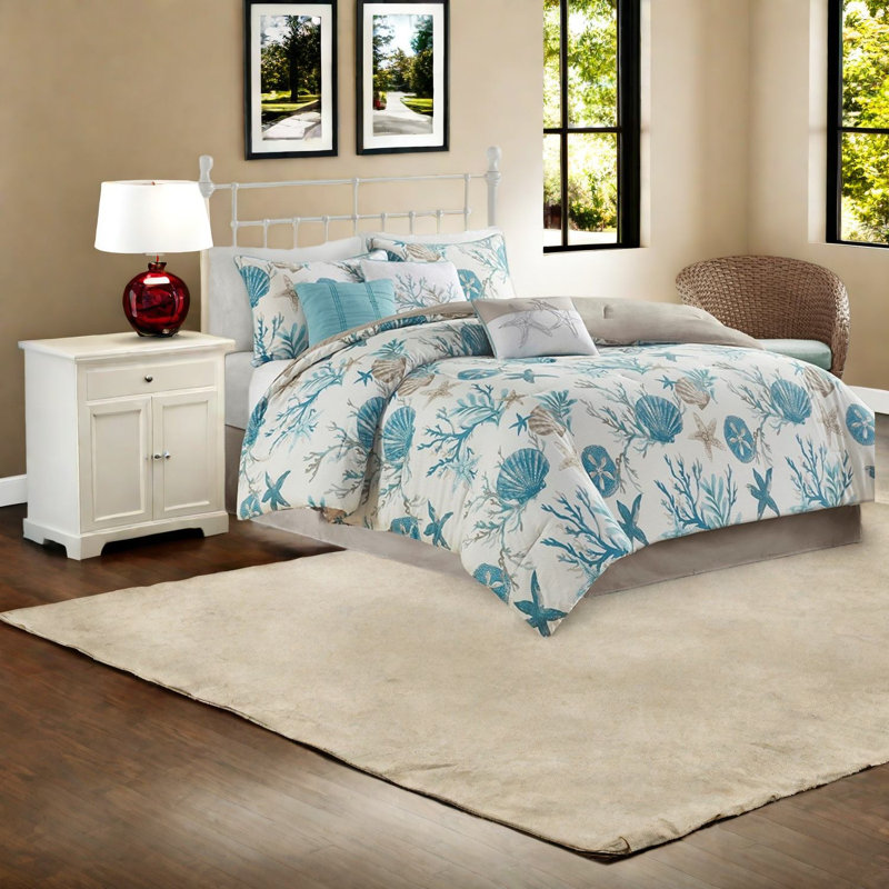 Vibrant Coastal 7-piece Cotton Sateen Bedding Set, Aqua, Queen