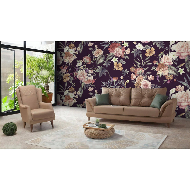 Papier peint amovible foncé avec bouquet de fleurs et feuilles, L 48,96 po x l 75 po