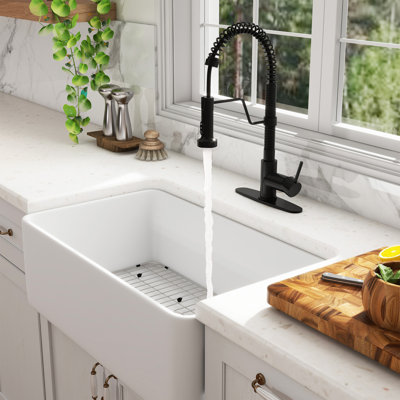 CASAINC Single Bowl White Fireclay Farmhouse Kitchen Sink With Faucet Included