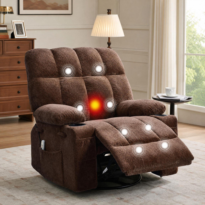 Fauteuil inclinable à bascule surdimensionné avec chaleur et massage - pivotant, inclinable et relaxant, Brun