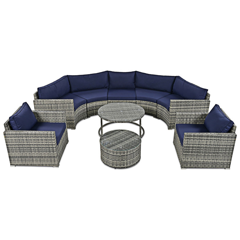 Ensemble de canapé d'extérieur 9 pièces demi-lune 9 pièces, Coussin bleu / cadre gris clair
