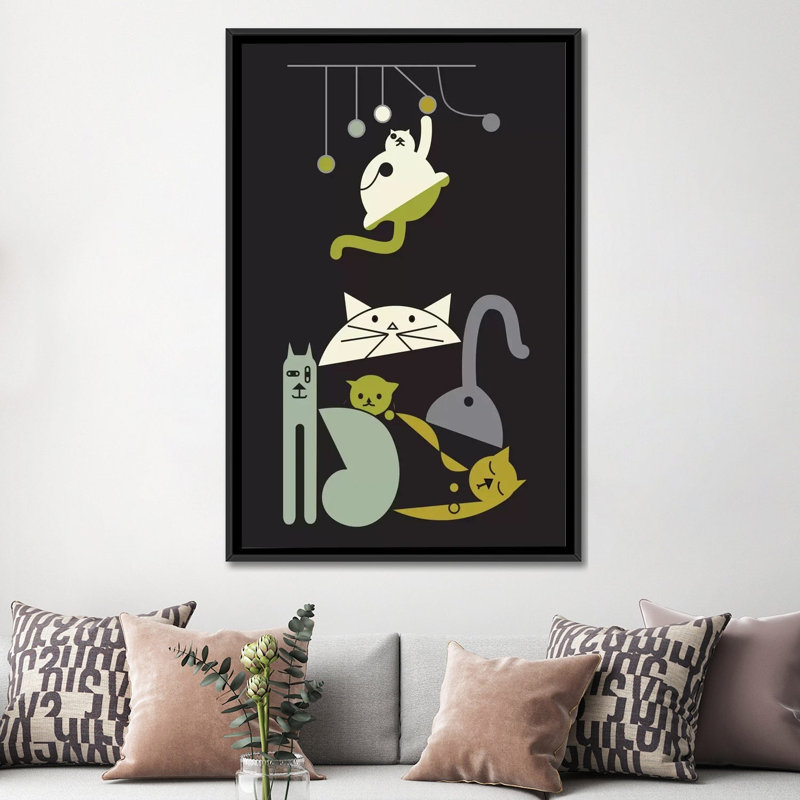 Chats par Fatowl - impression sur toile tendue, H 48 po x l 32 po x P 1,5 po, Toile avec cadre noir, Pas de tapis