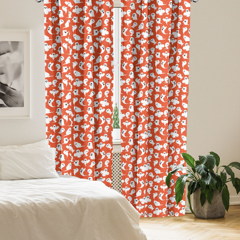 Rideaux à 4 panneaux East Urban Home Ghost, personnages d'Halloween amusants, orange foncé et blanc 72506, L 28 po x L 95 po
