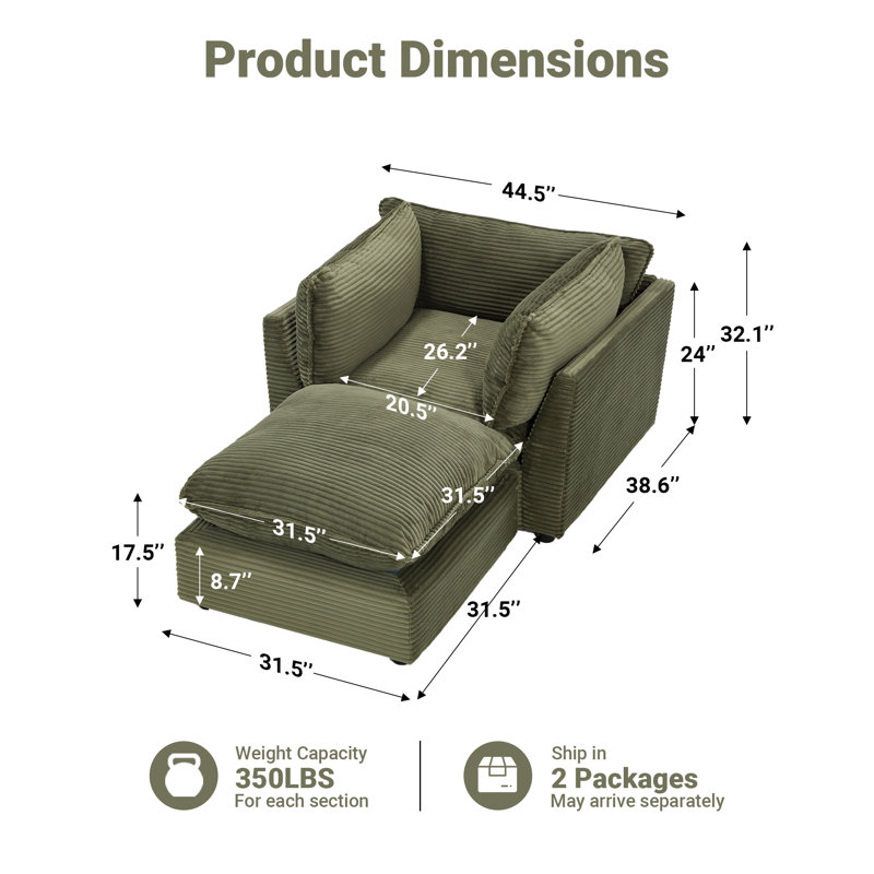 Fauteuil d'appoint avec repose-pieds 44,49 po, Velours côtelé vert