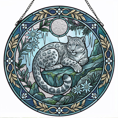 Snow Leopard Stained Glass Window Panel，12"H