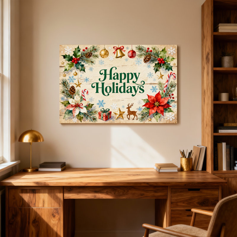 Couronne de Noël festive avec décorations, H 12 po x l 18 po