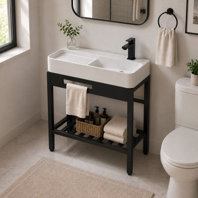 28" Freestanding Single-Hole Bathroom Console Sink, Ceramic Utility Sink with Integrated Washboard, Stainless Steel Stand, Towel Bar and Storage Shelf