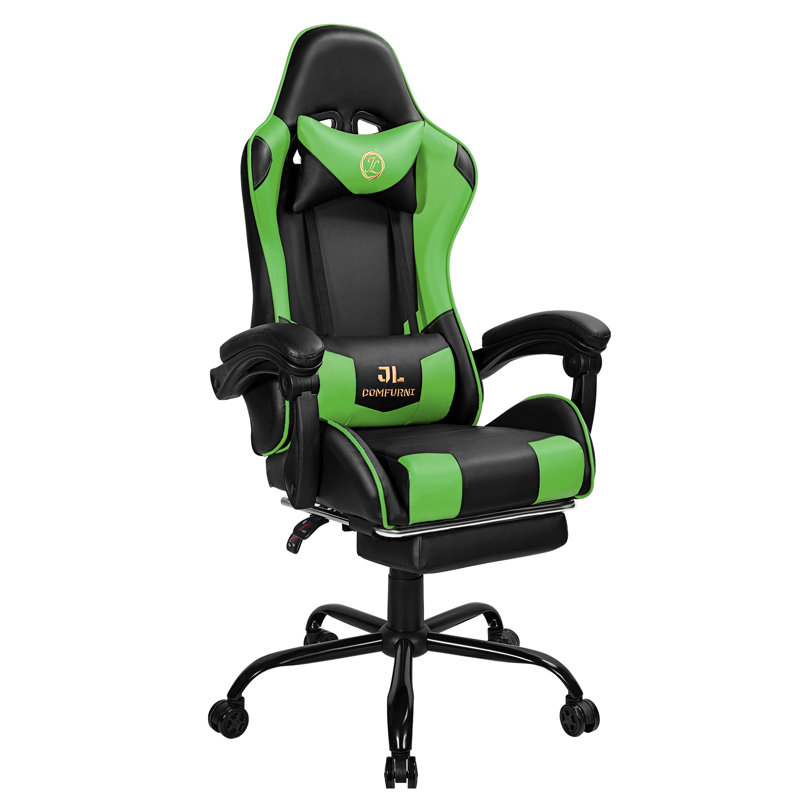 Footrest Gaming Chair with Lumbar Pillow Massage Function, Green/Black