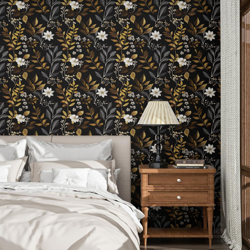 Papier peint auto-adhésif à motif floral noir Boho