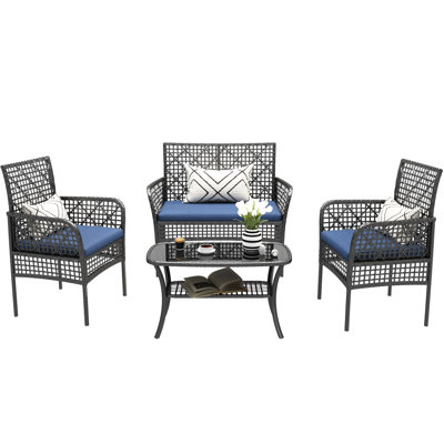 4 chaises de piscine avec table en verre trempé et coussins
