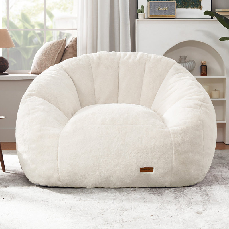 Shell-Shaped Faux Fur Bean Bag Chair, Seashell Design Beanbag Sofa for Living Room & Bedroom, Cream White Faux Fur