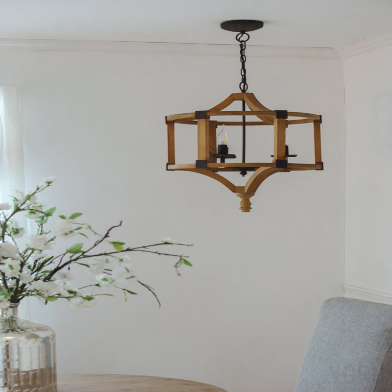 Lustre tambour en bois à 3 lumières, luminaire suspendu avec chaîne réglable pour le vestibule de la salle à manger de la cuisine, ampoule non incluse