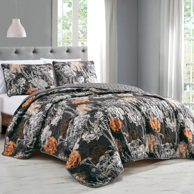 Ensemble de couvre-lit / couvre-lit en microfibre gris / noir / orange 3 pièces Helbah
