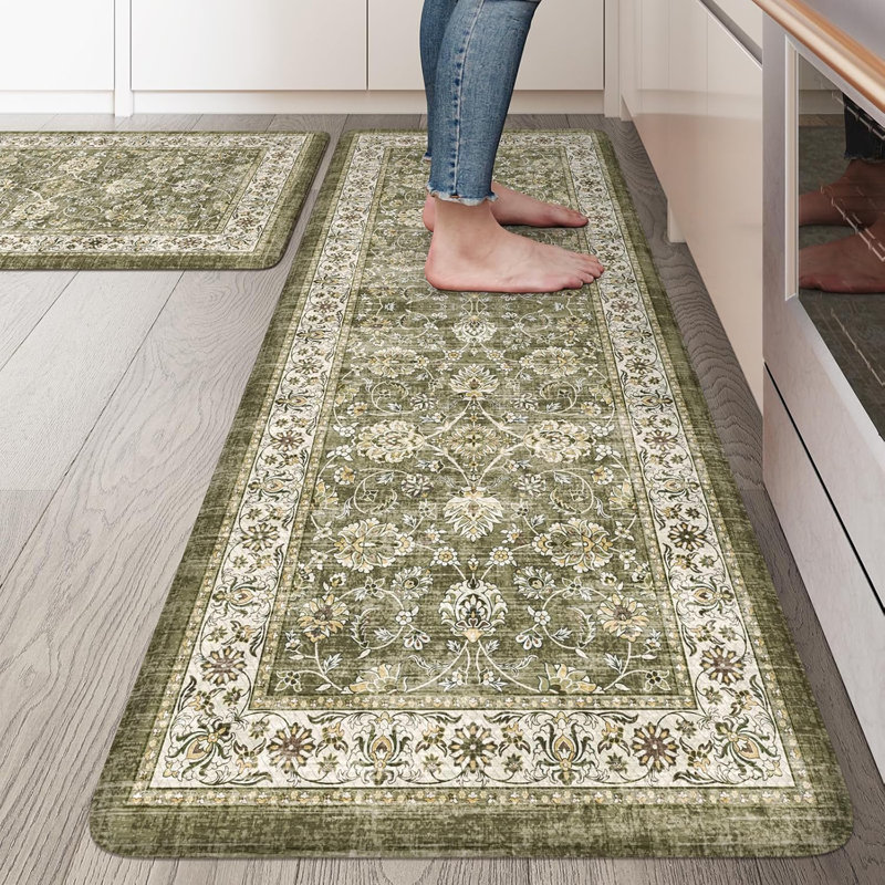 Boho Vintage Kitchen Rugs Sets of 2 Comfort Standing Mat, Green, 119cm L x 44cm W