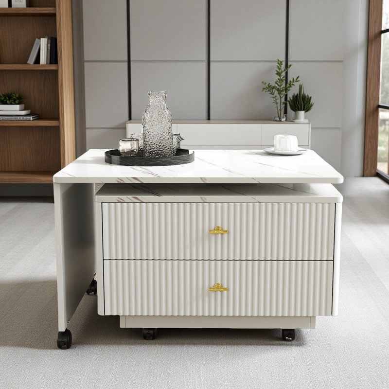 Table basse extensible avec rangement, table de salon réversible à 2 tiroirs et à 6 roulettes