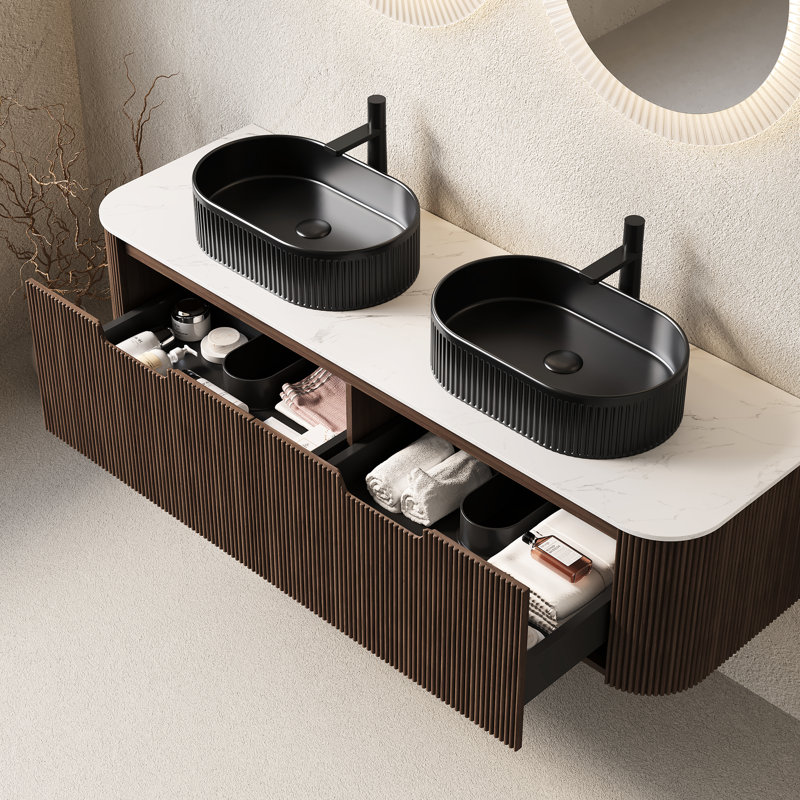 Meuble-lavabo moderne de 60 po avec 2 vasques en céramique noire, noyer foncé, pré-assemblé, rangement spacieux, tiroirs à fermeture en douceur, finition rayée 3D, lavabo de haute qualité, lavabos ovales de comptoir, mur