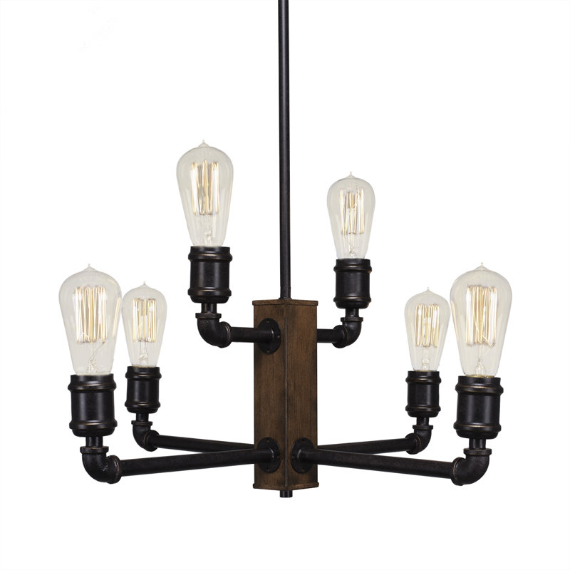 Portland 6 Light, Uplight, Chandelier, Painted Wood-look Metal & Dark Granite Finish, Amber Antique Bulbs