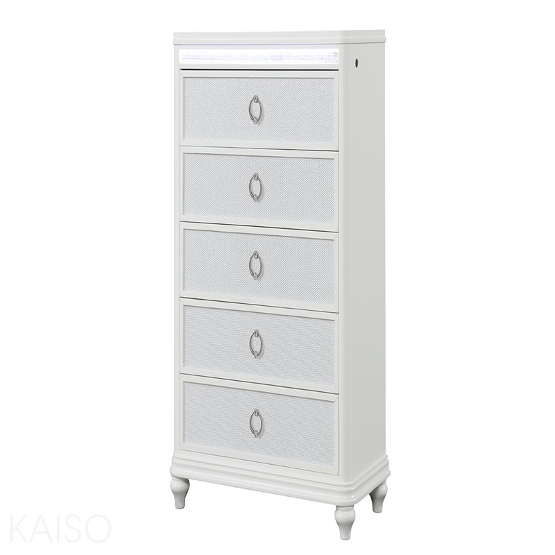 Commode 5 tiroirs de style moderne fabriquée en bois et à DEL en blanc