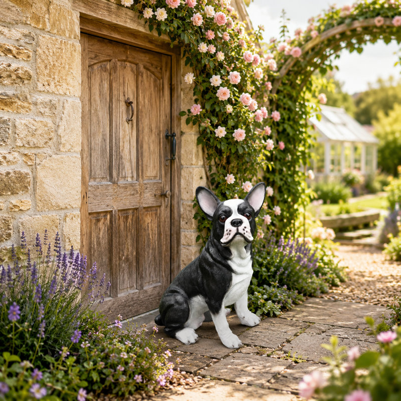 Statue de jardin en résine peinte à la main 16,9 po Boston Terrier, noir et blanc