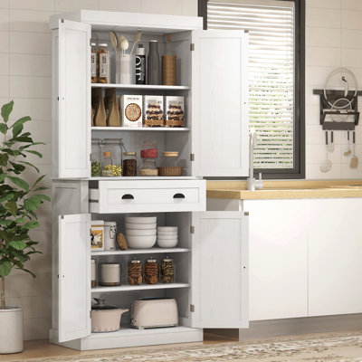 Armoire à grain de bois blanc, 72,5 po. 4 portes et tiroir avec 3 tablettes réglables. Pour un rangement polyvalent. Traditionnel pour la salle à manger. Capacité de 220 lb. Assemblage requis Portes de garde-manger de 72,5 po, et