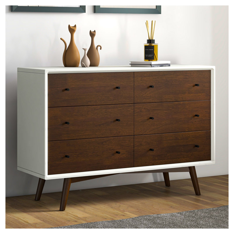 Commode 6 tiroirs de style Mid-Century moderne avec finition en bois massif