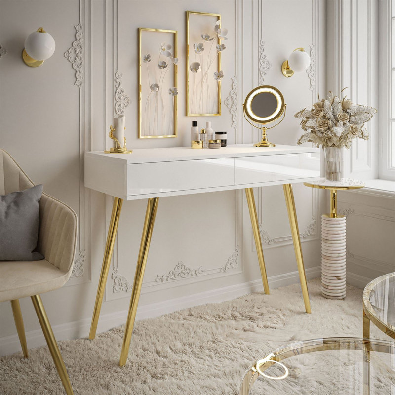 Huntland 100cm Gloss Top Console Table, Gold, White