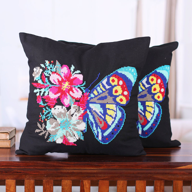 Housses de coussin en coton brodées à la main Novica, Noir, noir, noir, noir