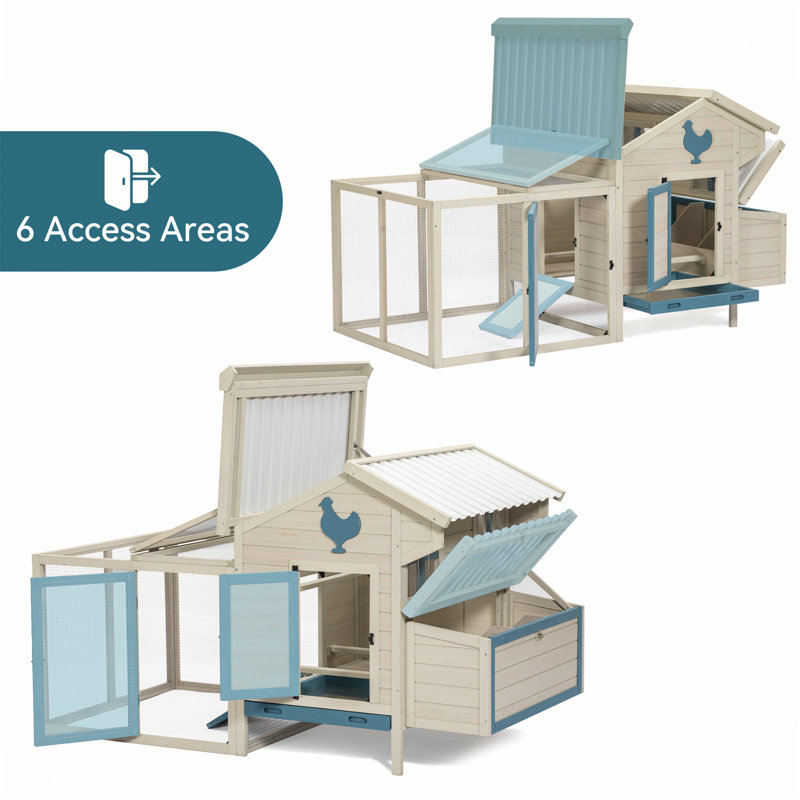 Large Beige and Blue Solid Wood Chicken Coop with Removable Bottom