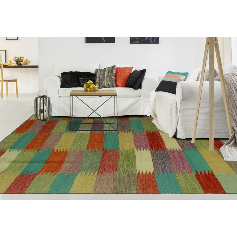 Tapis vert / rouge en laine noué à la main de conception unique 5 pi 8 po x 7 pi 1 po Jamaari