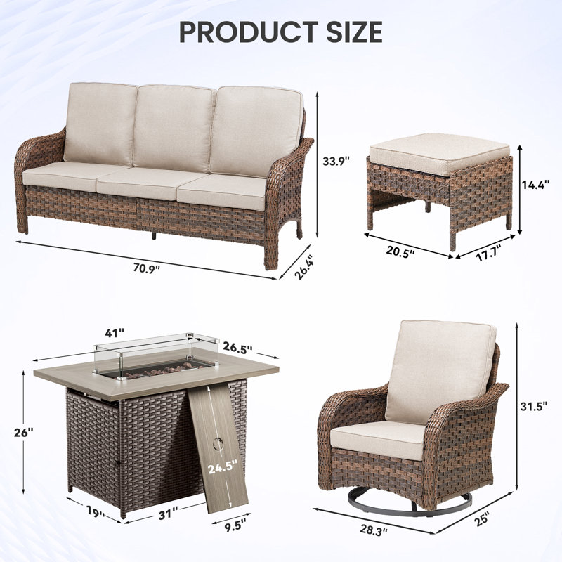 6 Piece Patio Conversation Sets Wicker Outdoor Furniture Set With Comfy Cushions, High Back Patio Furniture Set With Swivel Rocking Chairs And Fire Pit Table