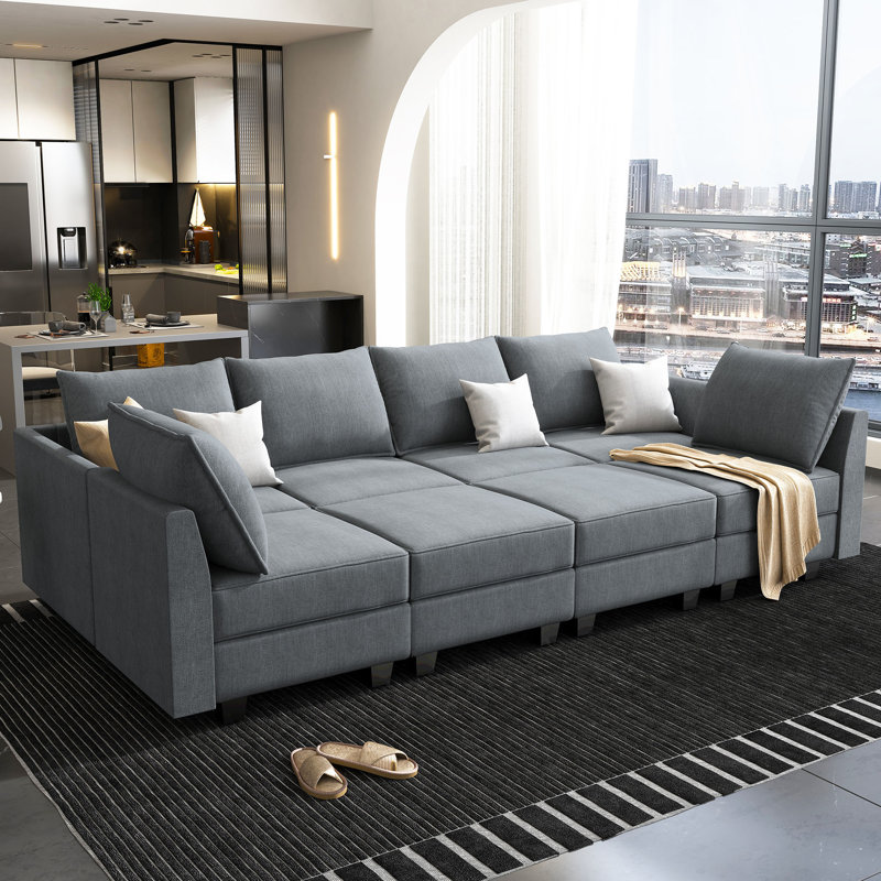 Canapé modulaire en U avec repose-pieds Coss, Polyester gris bleuté