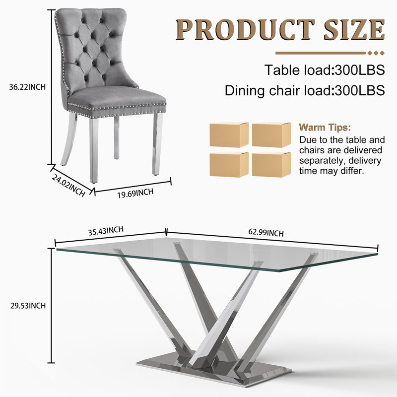 Glass Top Metal Base Dining Table With 4 Velvet Dining Chairs,5 - Piece Pedestal Dining Set, Gray/Silver, Silver