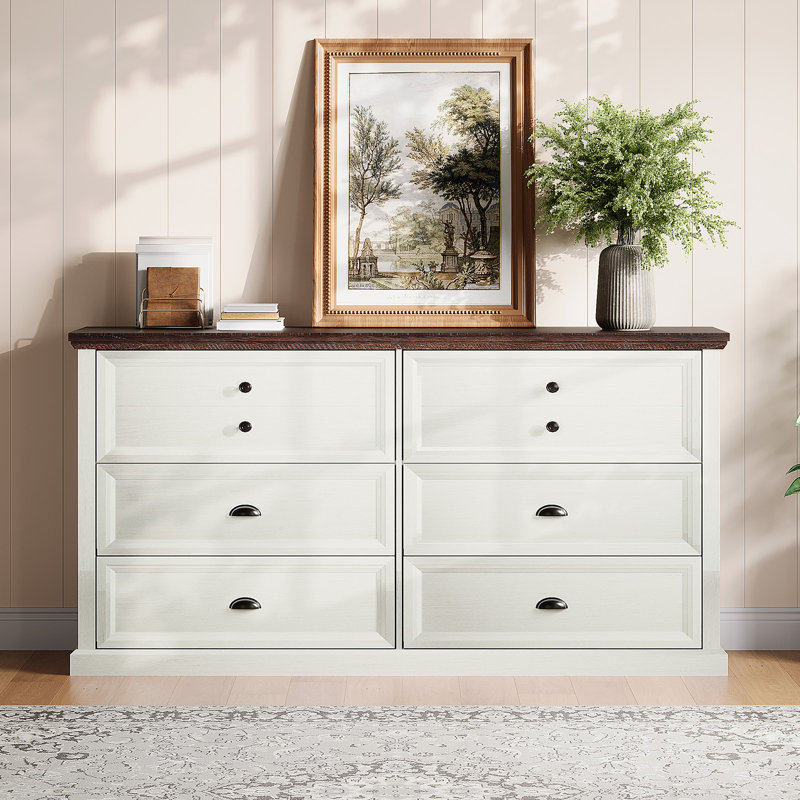 Commode 6 tiroirs 58 "Farmhouse, Blanc / Brun