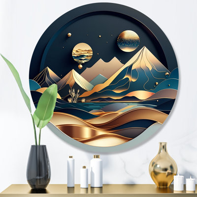 Dreamy Golden Mountain I - Abstract Marble Round Wall Art on Metal