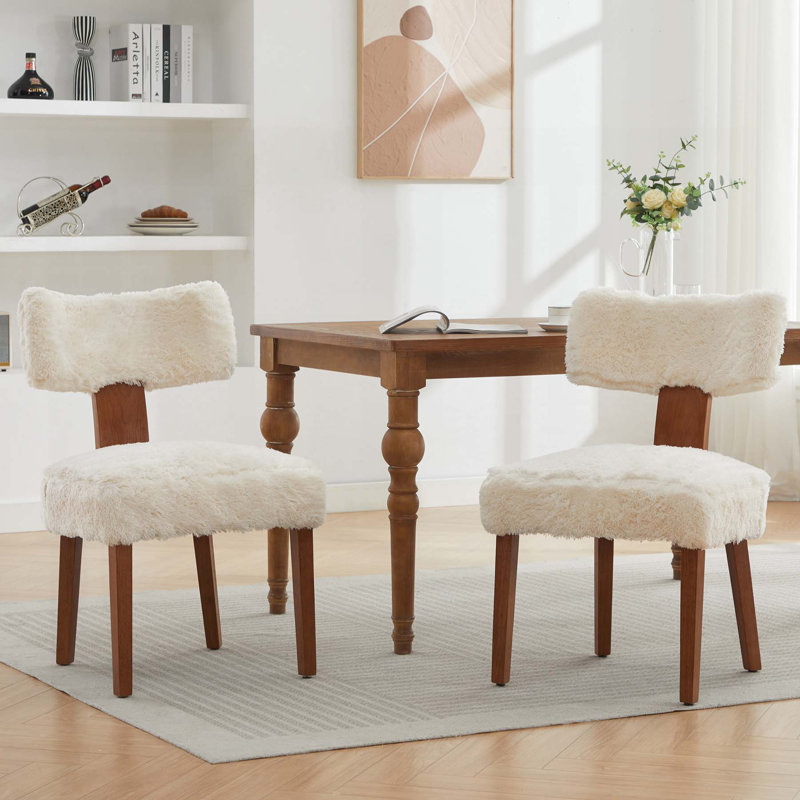 Set of 2 Modern Armless Dining Chairs with Curved Backrest, Fur Fabric, and Solid Wooden Legs for Elegant Seating