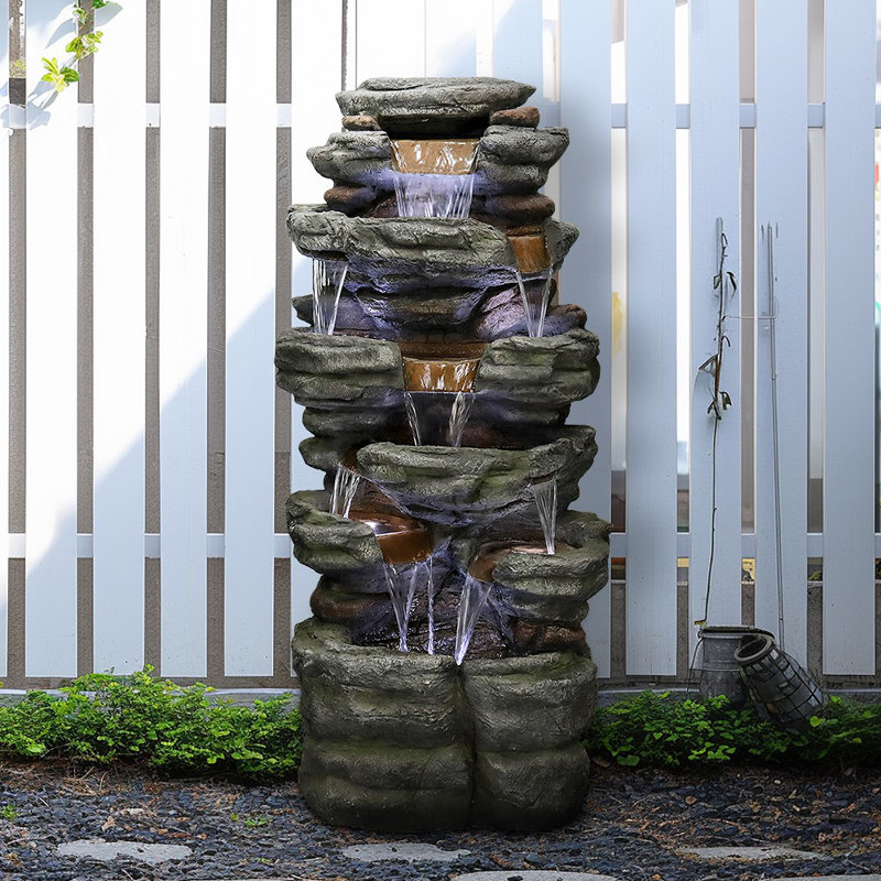 SunJet 47.2" H Natural Stone Outdoor Garden Fountain with Lights