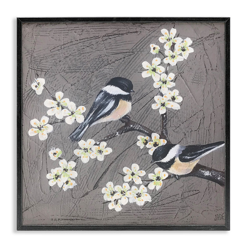 Oiseaux et fleurs de pommier, estampe numérique encadrée par Jade Reynolds, Giclée encadrée noir minuit, H 12 po x l 12 po