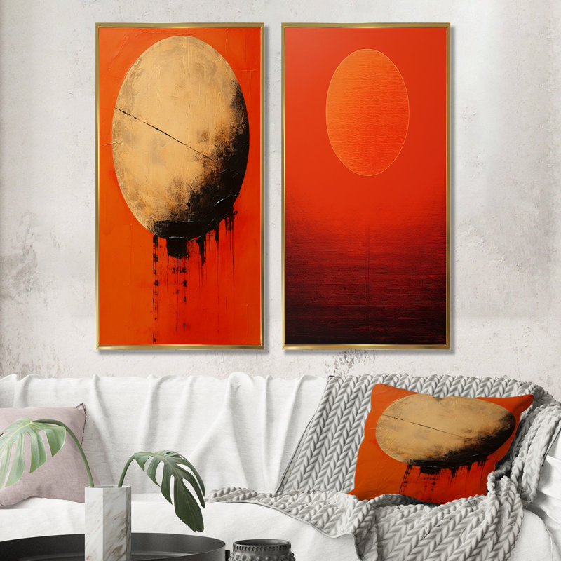 Persimmon Presence Moon - ensemble de 2 reproductions d'art mural lune, Encadrement doré, H 32 po x l 33 po