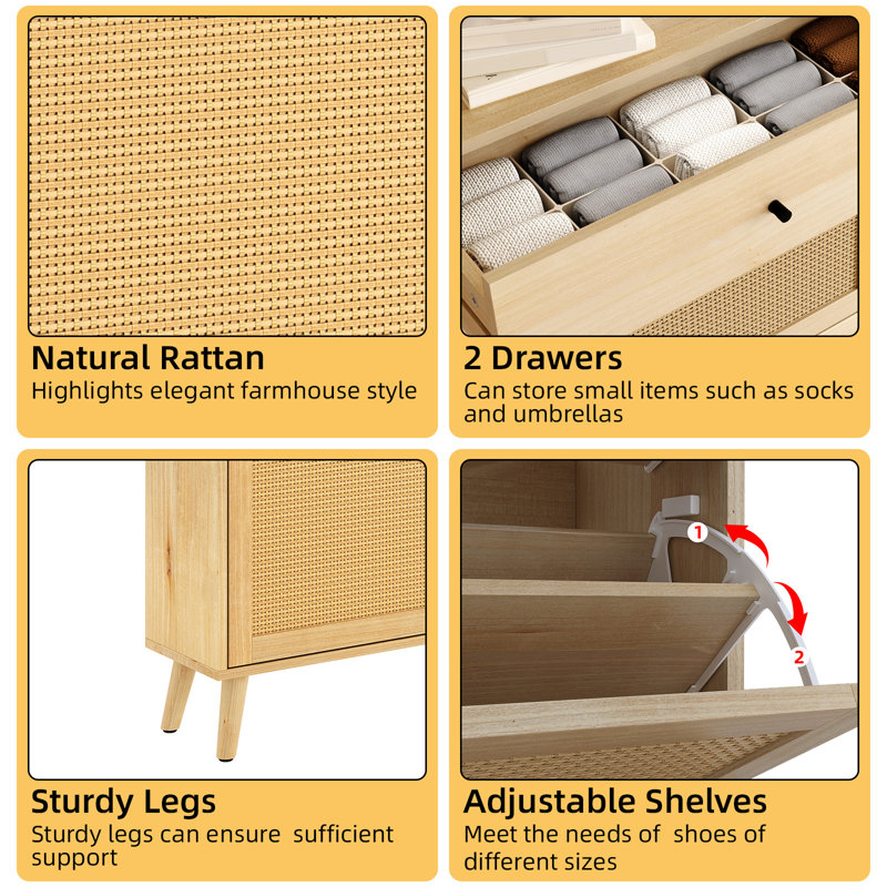 Rattan Shoe Cabinet with 4 Flip Drawers and 2 Drawers, Large Narrow Shoe Organizer, Wooden Entryway Table with Shoe Storage, Farmhouse Hidden Shoe Rack Drawer for Entrance