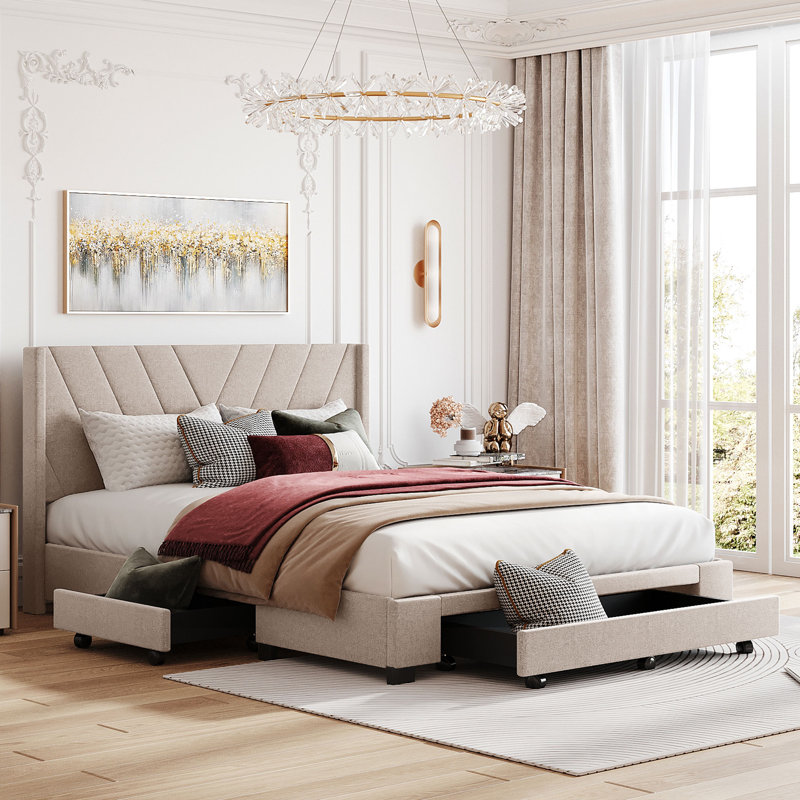 Lit plateforme tapissier avec rangement et 3 tiroirs, Beige
