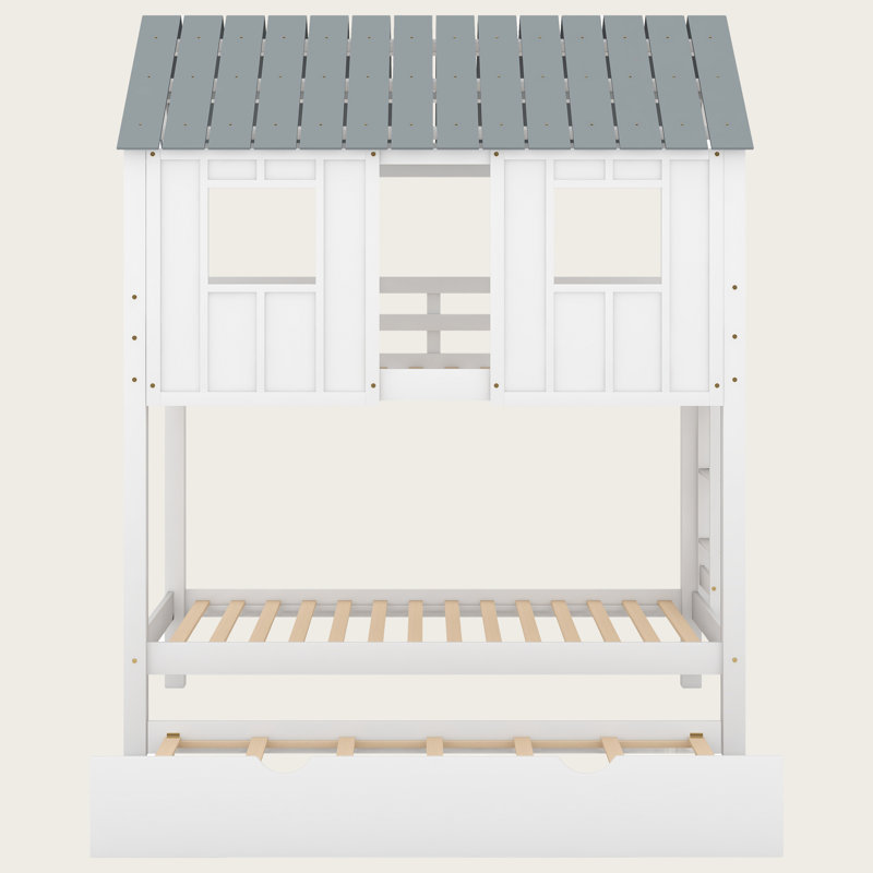 Twin Size House Bunk Bed with Trundle, Roof and Window Design, Solid Wood Frame with Guardrails, Playhouse Style for Kids, White & Grey Finish