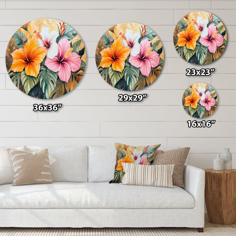 Hibiscus, Heliconia, Hawaï, art mural rond tropical, Island Botanicals, H 23 po x l 23 po