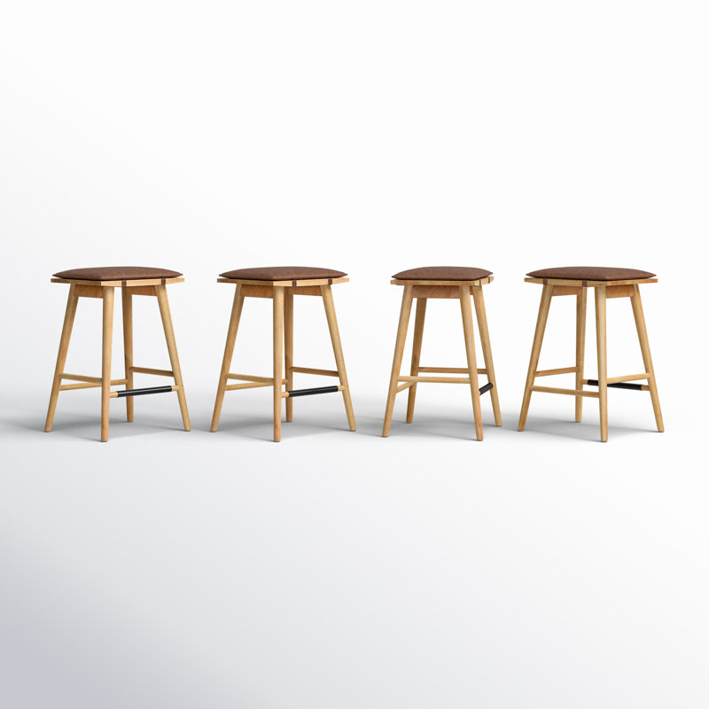 Ensemble de 4 tabourets de bar en bois sans dossier à hauteur de comptoir avec coussin amovible en cuir, Châtaigne, Pin chaud